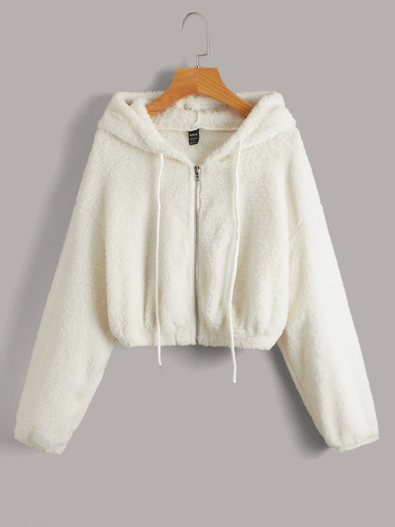 Zipper Front Drawstring Detail Teddy Jacket,Ladies Late Fall Casual Drawstring,Zipper Drop Shoulder Hooded Regular Fit Beige Plain Women Jackets,Casual Daily Wear