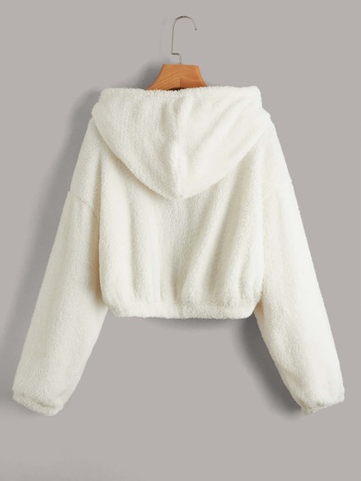 SHEIN EZwear 前拉链抽绳细节泰迪夹克，女士深秋休闲抽绳，拉链落肩连帽常规版型米色纯色女士夹克，休闲日常穿着