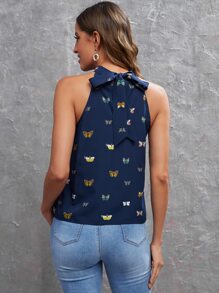 SHEIN Clasi 蝴蝶圖案後綁帶掛脖上衣 - 寶藍色 - 查看 2