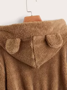 Muchica 纯色 3D 耳朵贴片泰迪熊连帽衫，长袖上衣