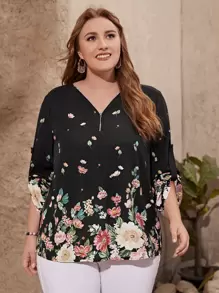 EMERY ROSE Plus Floral Print Roll Tab Sleeve Blouse