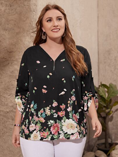 EMERY ROSE Plus Floral Print Roll Tab Sleeve Blouse