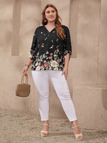 EMERY ROSE Plus Floral Print Roll Tab Sleeve Blouse
