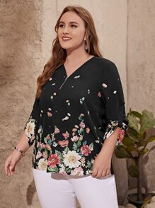 EMERY ROSE Plus Floral Print Roll Tab Sleeve Blouse