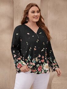 EMERY ROSE Plus Floral Print Roll Tab Sleeve Blouse