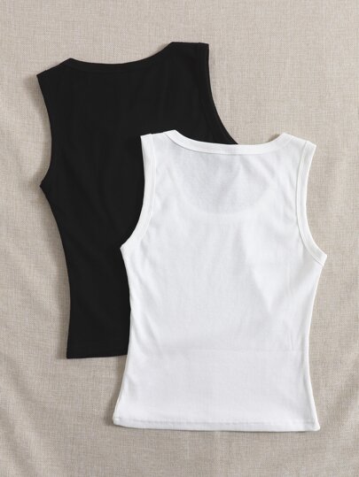 SHEIN EZwear 2pcs/Set Women's Solid Color Ribbed Casual Round Neck Camisole