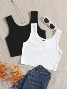 SHEIN EZwear 2 piezas Top tank unicolor tejido de canalé - Blanco y Negro - Ver 2