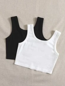 SHEIN EZwear 2 piezas Top tank unicolor tejido de canalé - Blanco y Negro - Ver 3