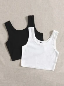 SHEIN EZwear 2 piezas Top tank unicolor tejido de canalé - Blanco y Negro - Ver 4