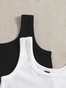 SHEIN EZwear 2 piezas Top tank unicolor tejido de canalé - Blanco y Negro - Ver 5