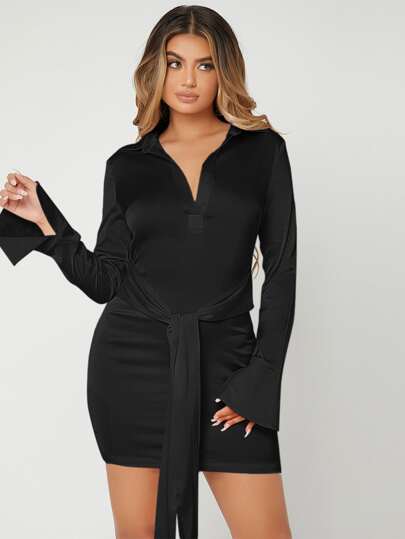 SHEIN SXY Tie Front Shirt Dress