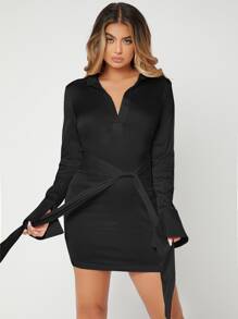 SHEIN SXY 前繫帶襯衫洋裝 - 黑色 - 查看 5