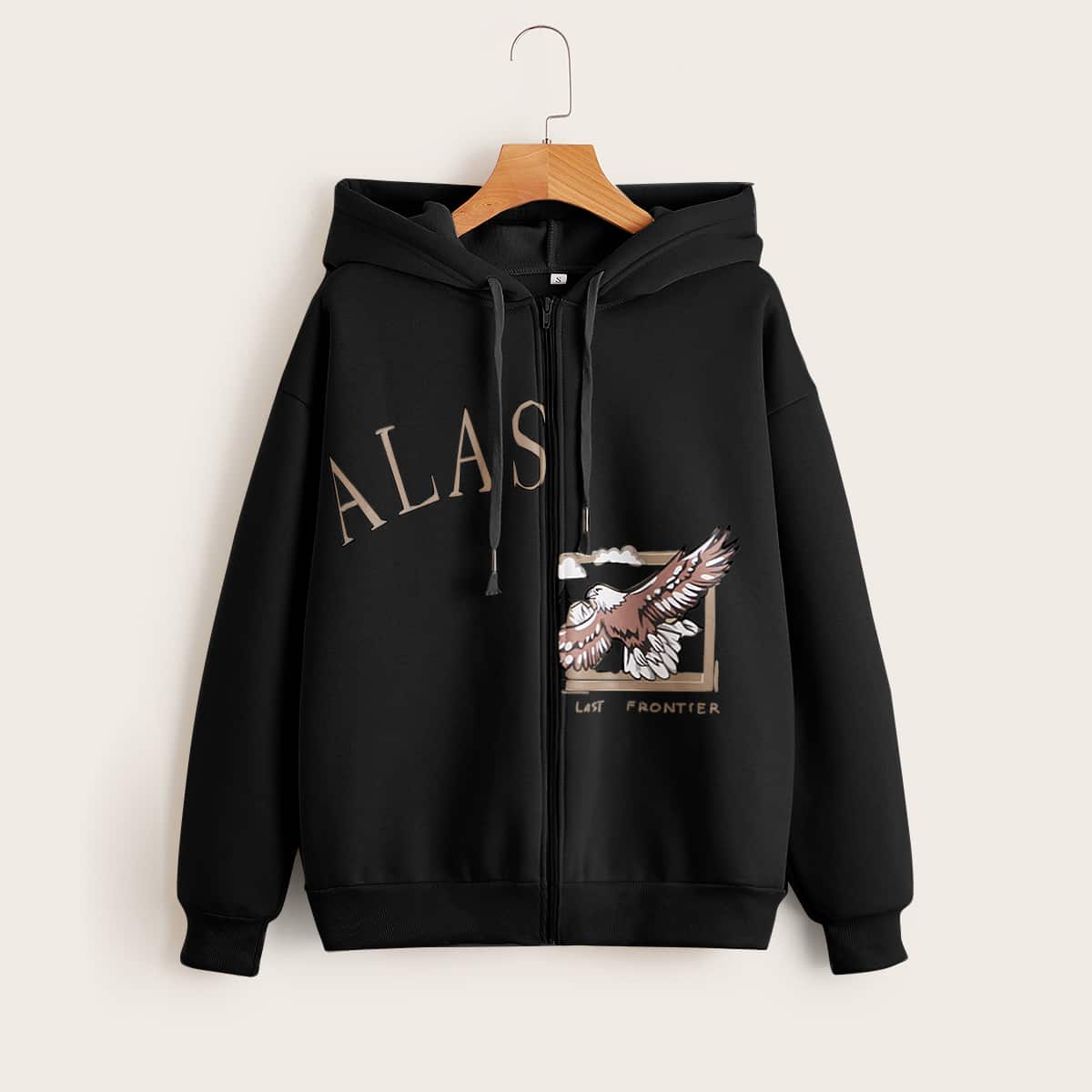 

Letter And Eagle Print Zip Up Hoodie, Black
