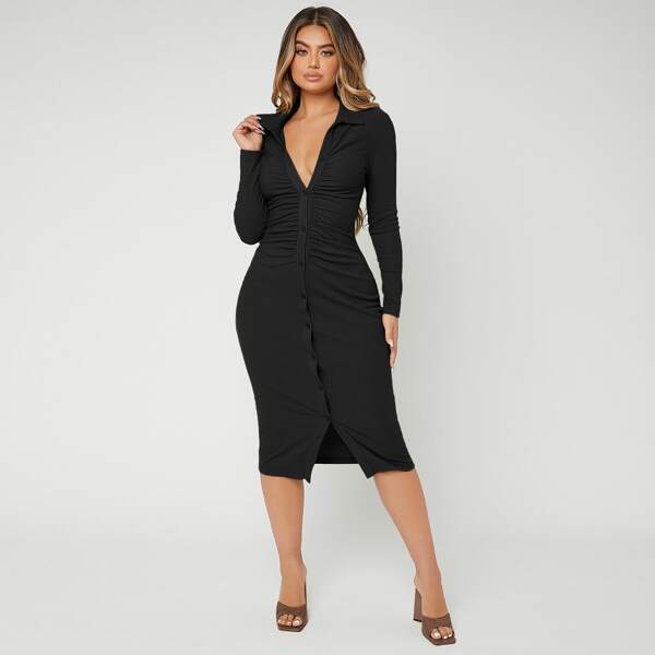 

Ruched Button Through Bodycon Dress, Black