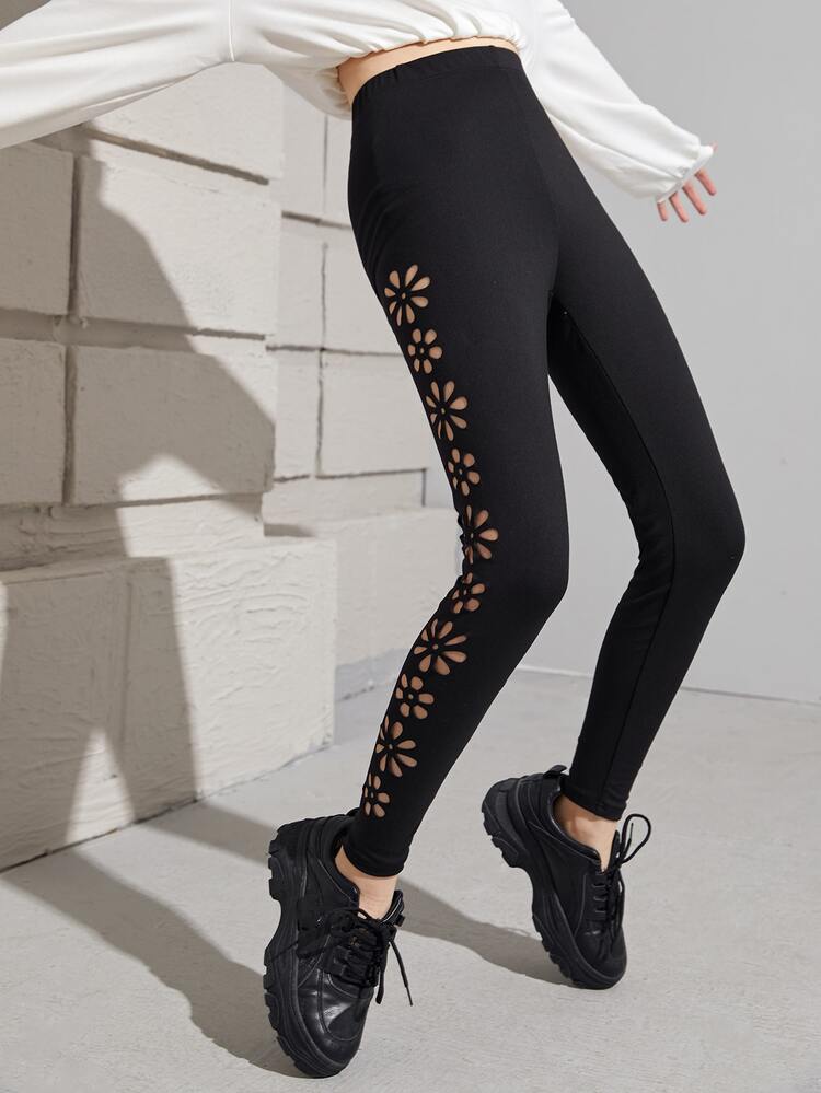 SHEIN Teen Girls Laser Cut Leggings - Black - View 5