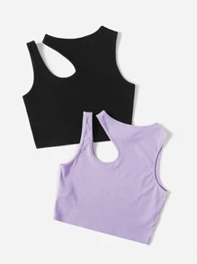 Muchica 2Pcs Solid Asymmetrical Neck Tank Top Workout Tops - Multicolor - View 3