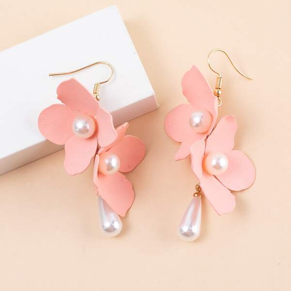 

Faux Pearl & Flower Decor Drop Earrings, Pink