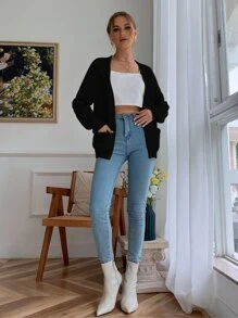 SHEIN Frenchy Cárdigan tejido de canalé con doble bolsillos de manga raglán - Negro - Ver 3