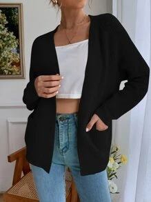 SHEIN Frenchy Cárdigan tejido de canalé con doble bolsillos de manga raglán - Negro - Ver 5