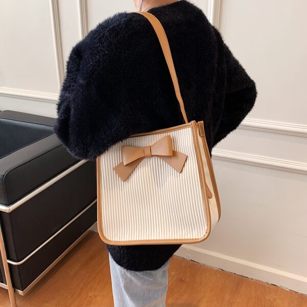 

Bow Decor Textured Square Bag, Beige