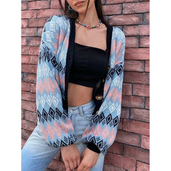 

Argyle Pattern Drop Shoulder Cardigan, Multicolor