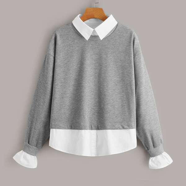 

Contrast Collar Flounce Sleeve 2 In 1 Sweatshirt, Light grey