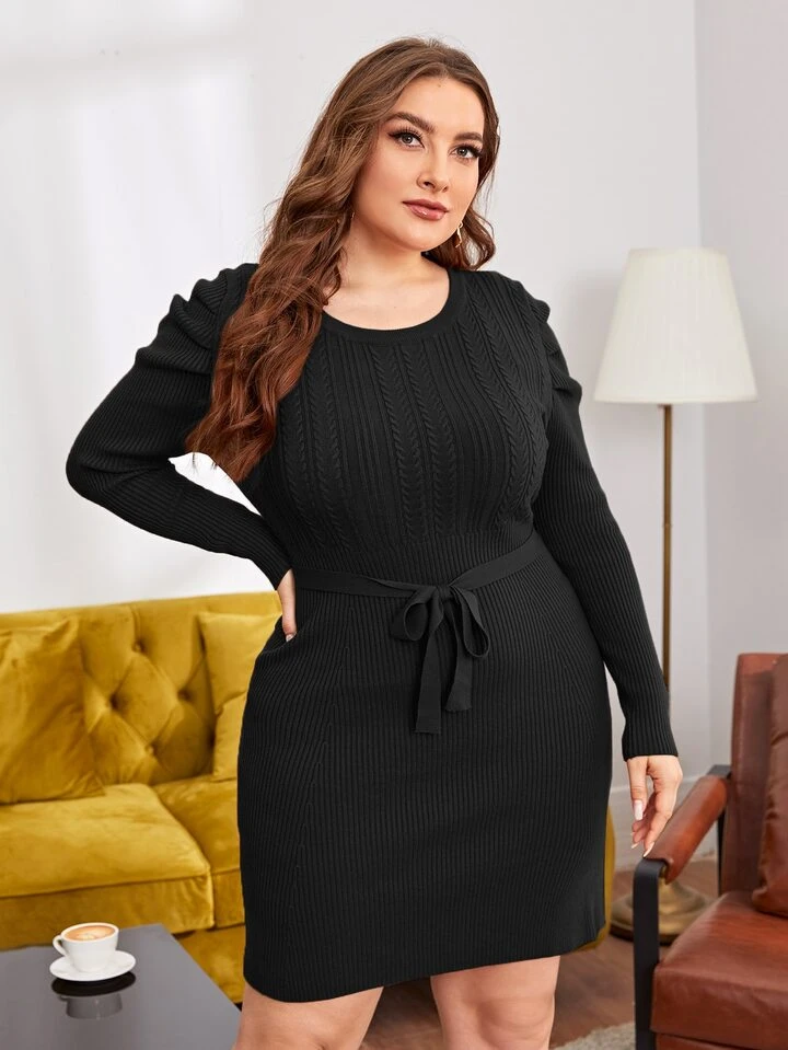 Plus Solid Cable Knit Belted Sweater Dress | SHEIN Singapore