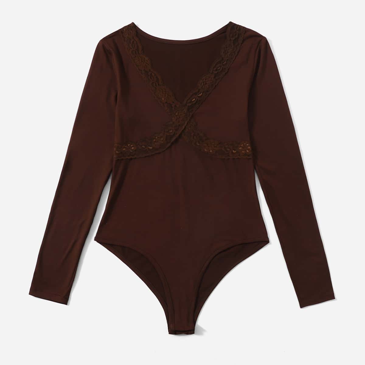 

Solid Contrast Lace Bodysuit, Chocolate brown