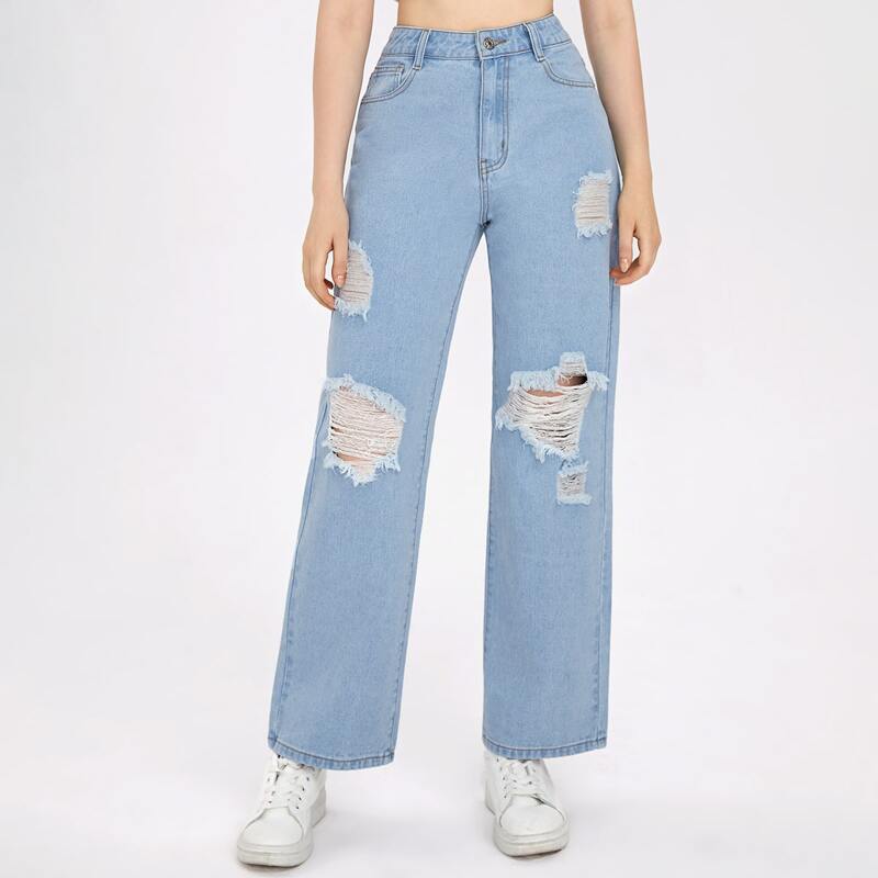 

Ripped Straight Leg Jeans, Light wash