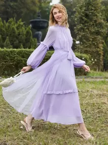 Modelyn Frill Trim Raglan Sleeve Belted Dress - Lilac Purple - View 1