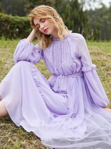 Modelyn Frill Trim Raglan Sleeve Belted Dress - Lilac Purple - View 3