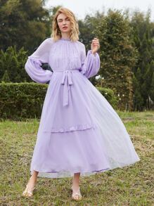 Modelyn Frill Trim Raglan Sleeve Belted Dress - Lilac Purple - View 4