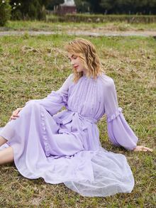 Modelyn Frill Trim Raglan Sleeve Belted Dress - Lilac Purple - View 6