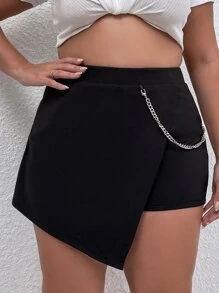 SHEIN SXY 大碼鏈條細節不對稱下擺裙裤 - 黑色 - 查看 1