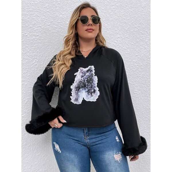 

Plus Cat Print Fuzzy Cuff Tee, Black