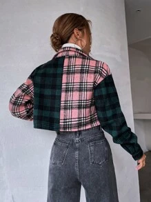Abrigo con estampado de cuadros de color combinado corto - Multicolor - Ver 2