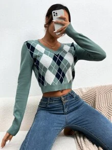 SHEIN Frenchy Jersey corto con patrón de rombo escote V - verde menta - Ver 4