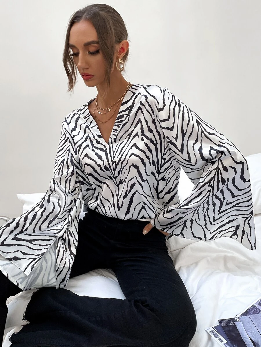 SHEIN Clasi Satin Zebra Stripe Bell Sleeve Blouse