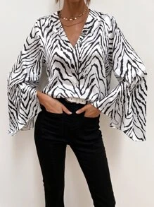 SHEIN Clasi Satin Zebra Stripe Bell Sleeve Blouse