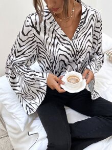 SHEIN Clasi Satin Zebra Stripe Bell Sleeve Blouse