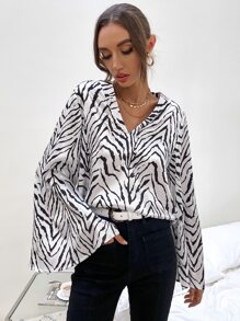 SHEIN Clasi Satin Zebra Stripe Bell Sleeve Blouse