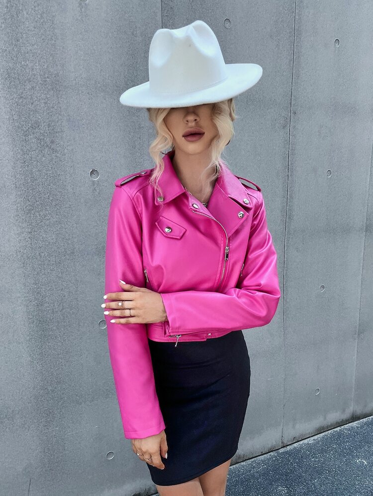 Cazadora de moto PU corto - Rosa - Añade 5