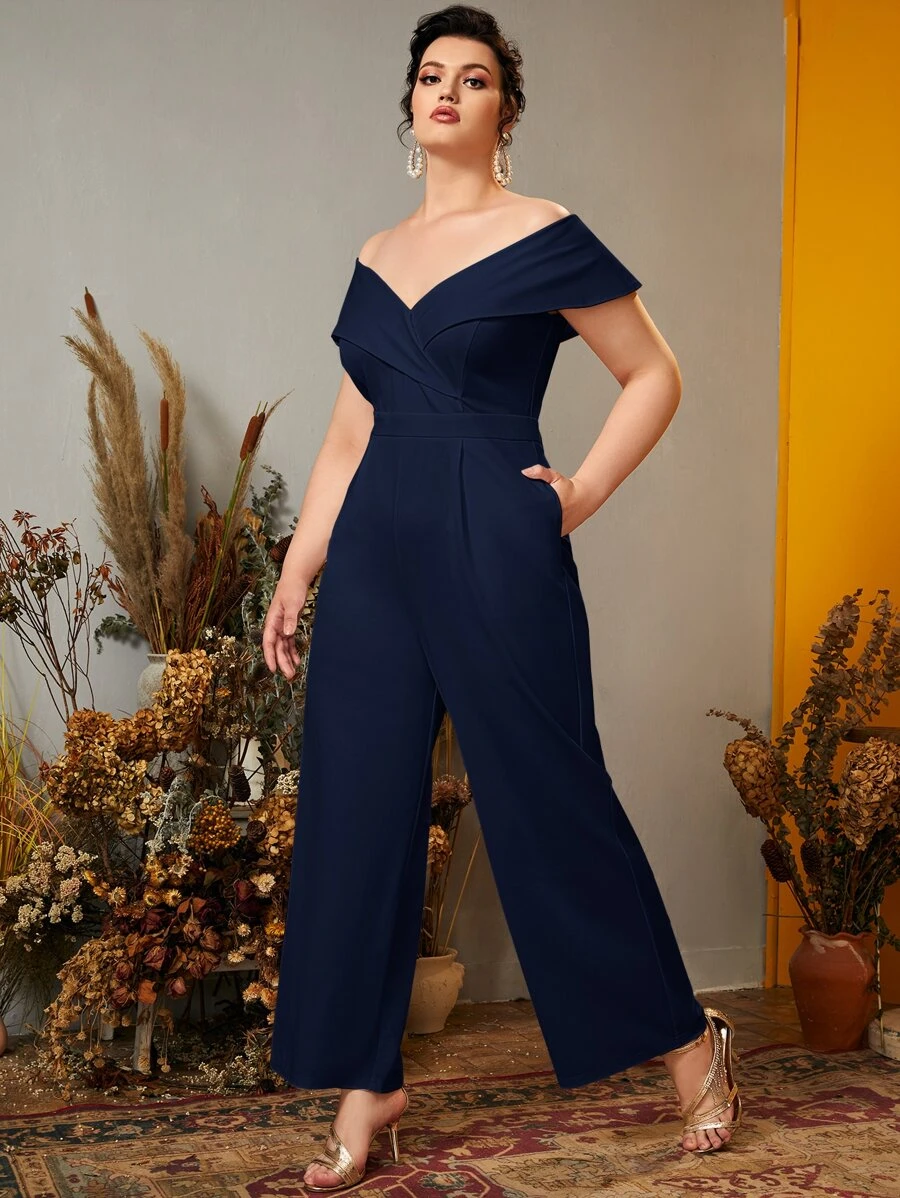 Modelyn Plus Off Shoulder Wide Leg Jumpsuit - Navy Blue - View 1