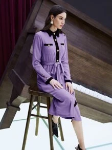 Mulvari Đầm Thắt lưng Nút phía trước Khối Màu Thanh lịch - Màu tím  Violet - Xem 1