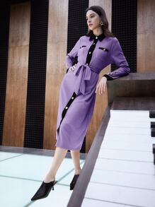 Mulvari Đầm Thắt lưng Nút phía trước Khối Màu Thanh lịch - Màu tím  Violet - Xem 2