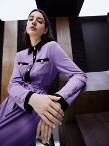 Mulvari Đầm Thắt lưng Nút phía trước Khối Màu Thanh lịch - Màu tím  Violet - Xem 3