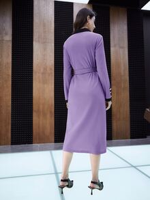 Mulvari Đầm Thắt lưng Nút phía trước Khối Màu Thanh lịch - Màu tím  Violet - Xem 4