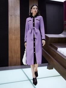 Mulvari Đầm Thắt lưng Nút phía trước Khối Màu Thanh lịch - Màu tím  Violet - Xem 5