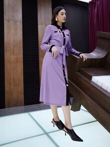 Mulvari Đầm Thắt lưng Nút phía trước Khối Màu Thanh lịch - Màu tím  Violet - Xem 6