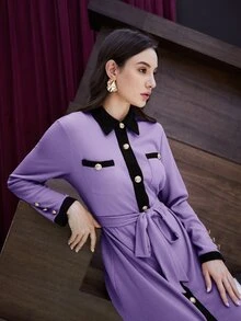 Mulvari Đầm Thắt lưng Nút phía trước Khối Màu Thanh lịch - Màu tím  Violet - Xem 7